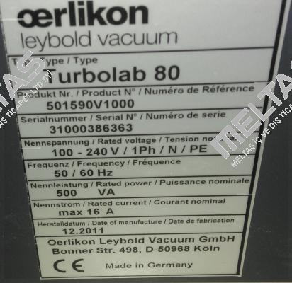 P/N:501590V1000  TYPE:Turbolab 80  S/N:31000386363 Leybold