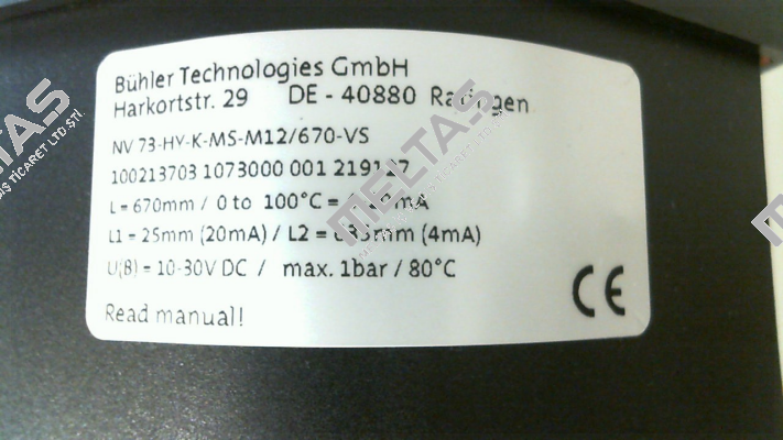 P/N: Q11008002 1073000, Type: NV73-HY-K-MS-M12/670-VS Bühler Technologies