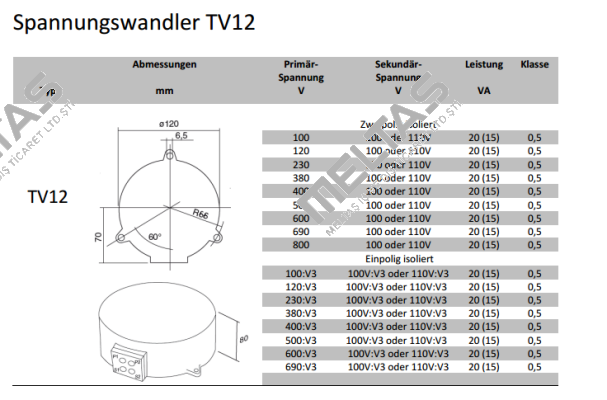 TV12, 690/100V Kl.0,5 20VA  Revalco